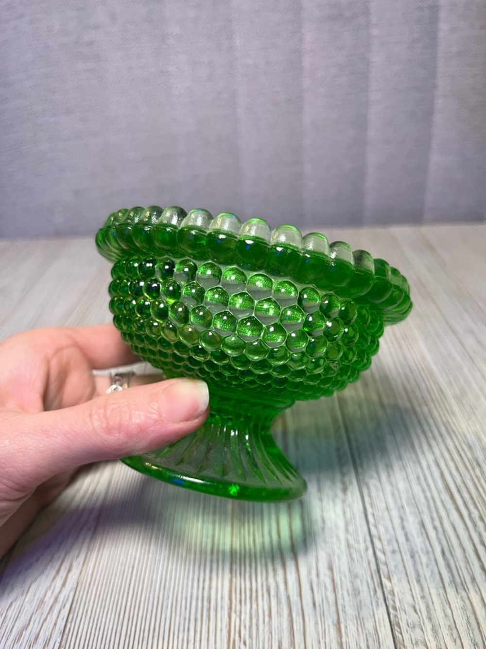 Green Hobnail URANIUM Glass Dish Compote